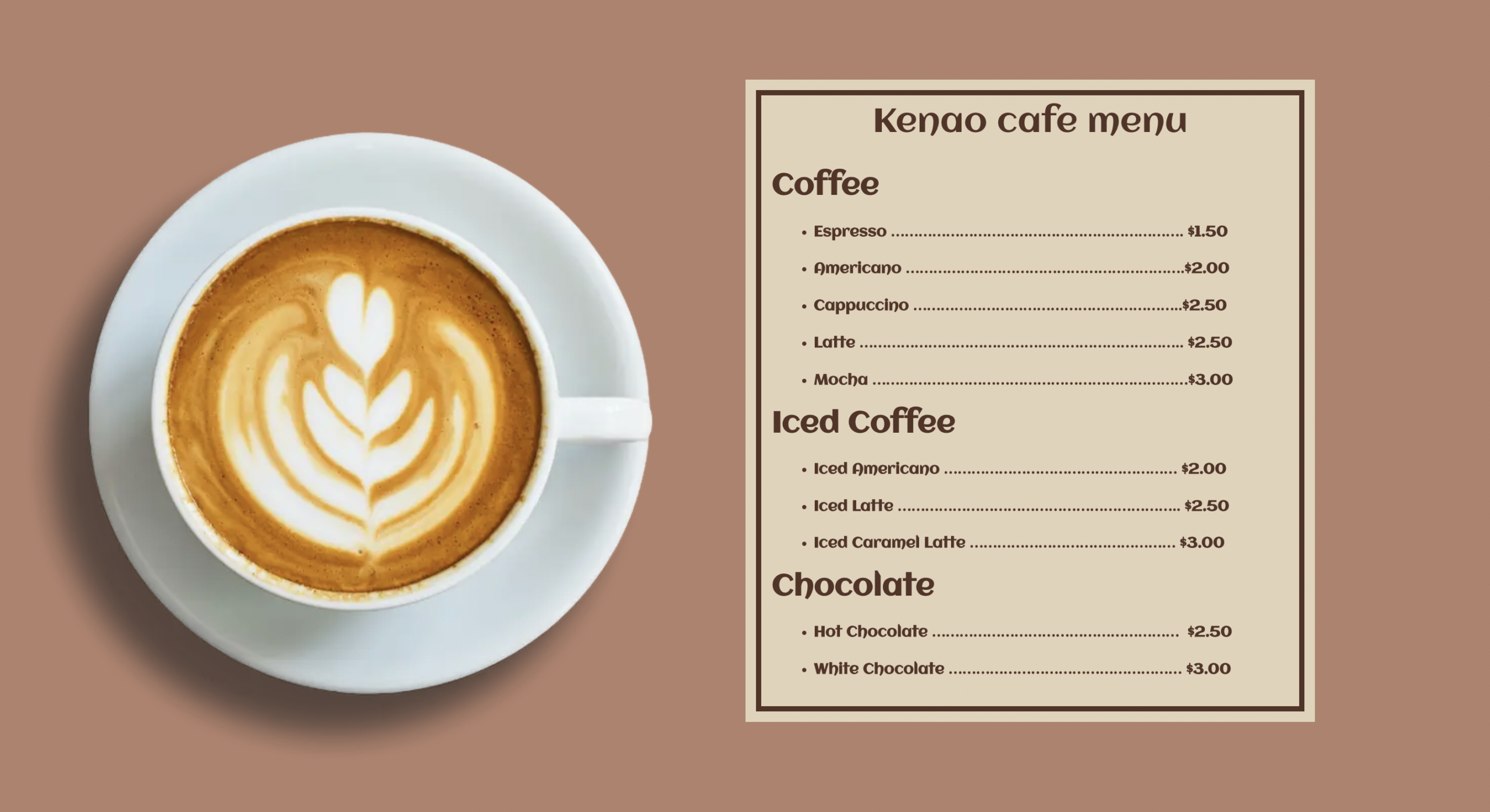 Interactive Kenao Cafe menu design