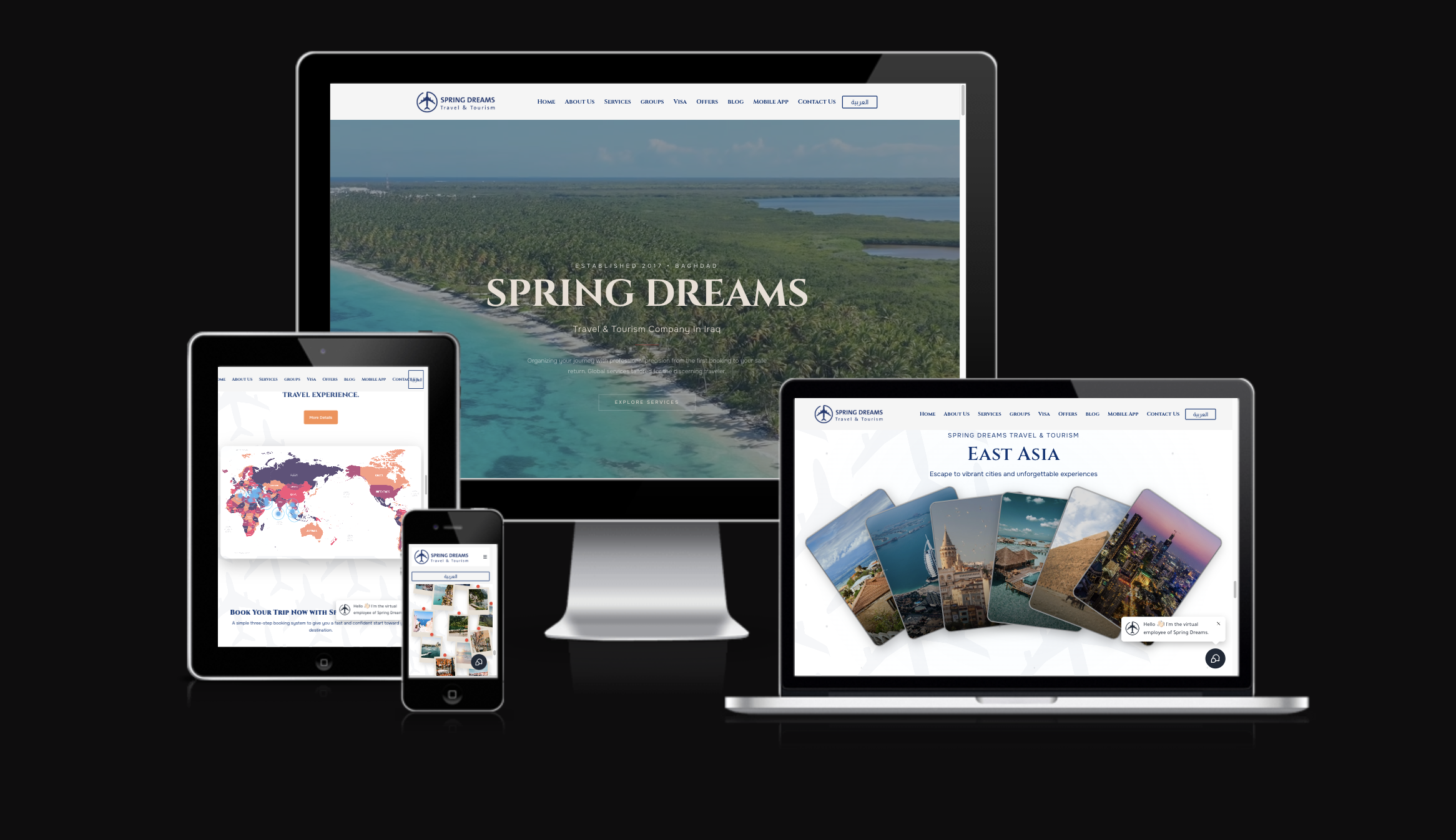 Desktop interface of the Spring Dreams travel and tourism website
