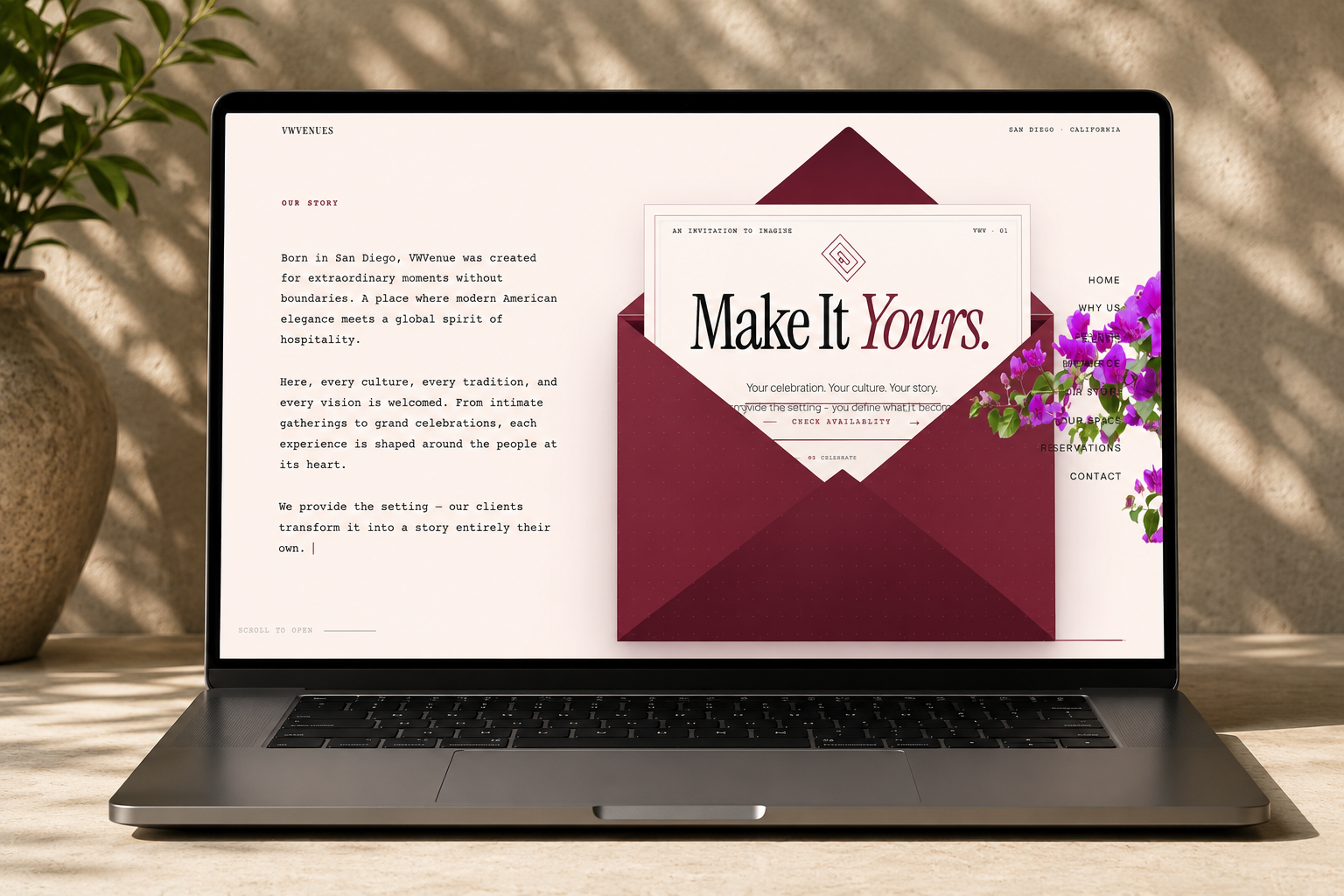VWVENUES luxury event venue website mockup